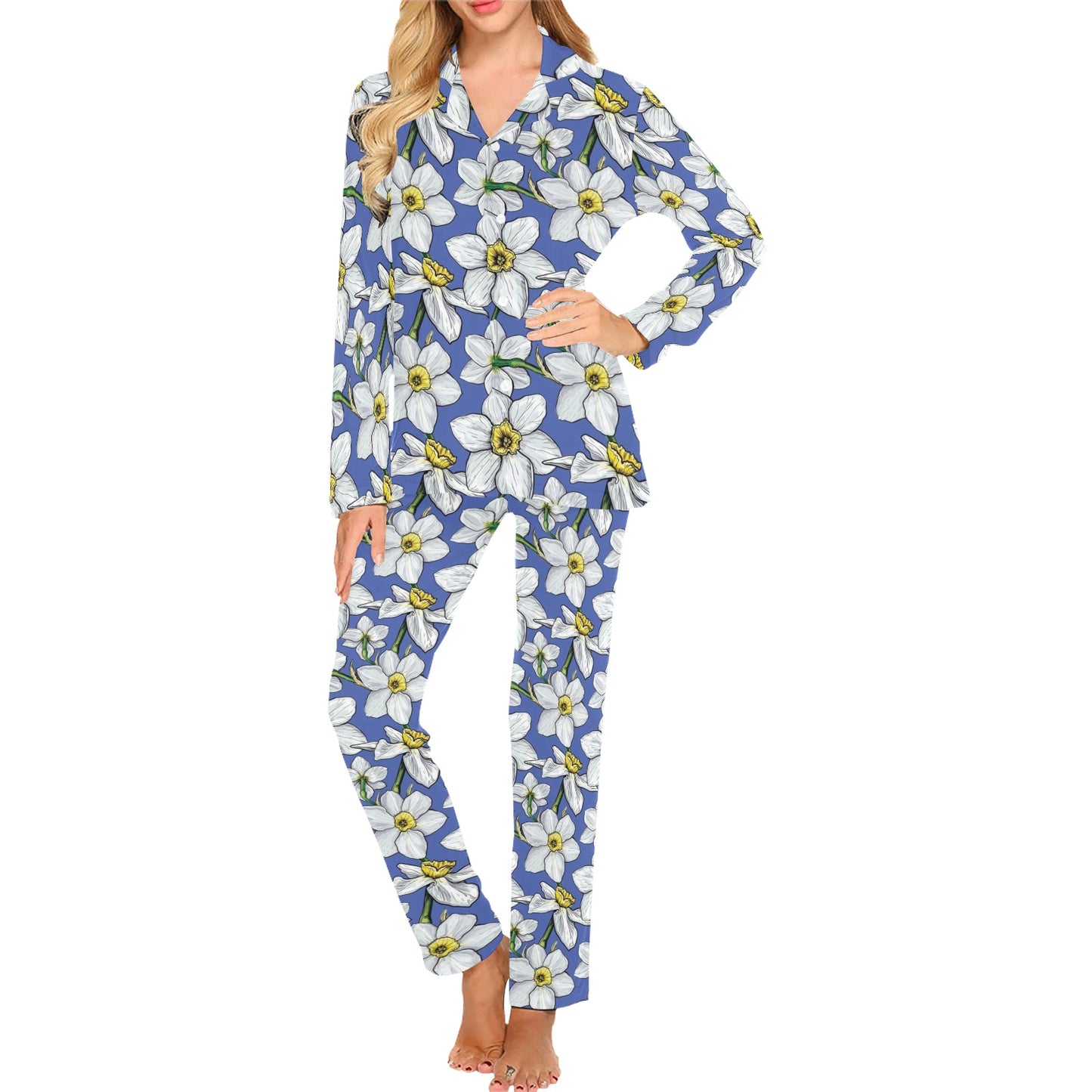 Daffodils Pattern Print Design DF08 Women's Long Pajama Set