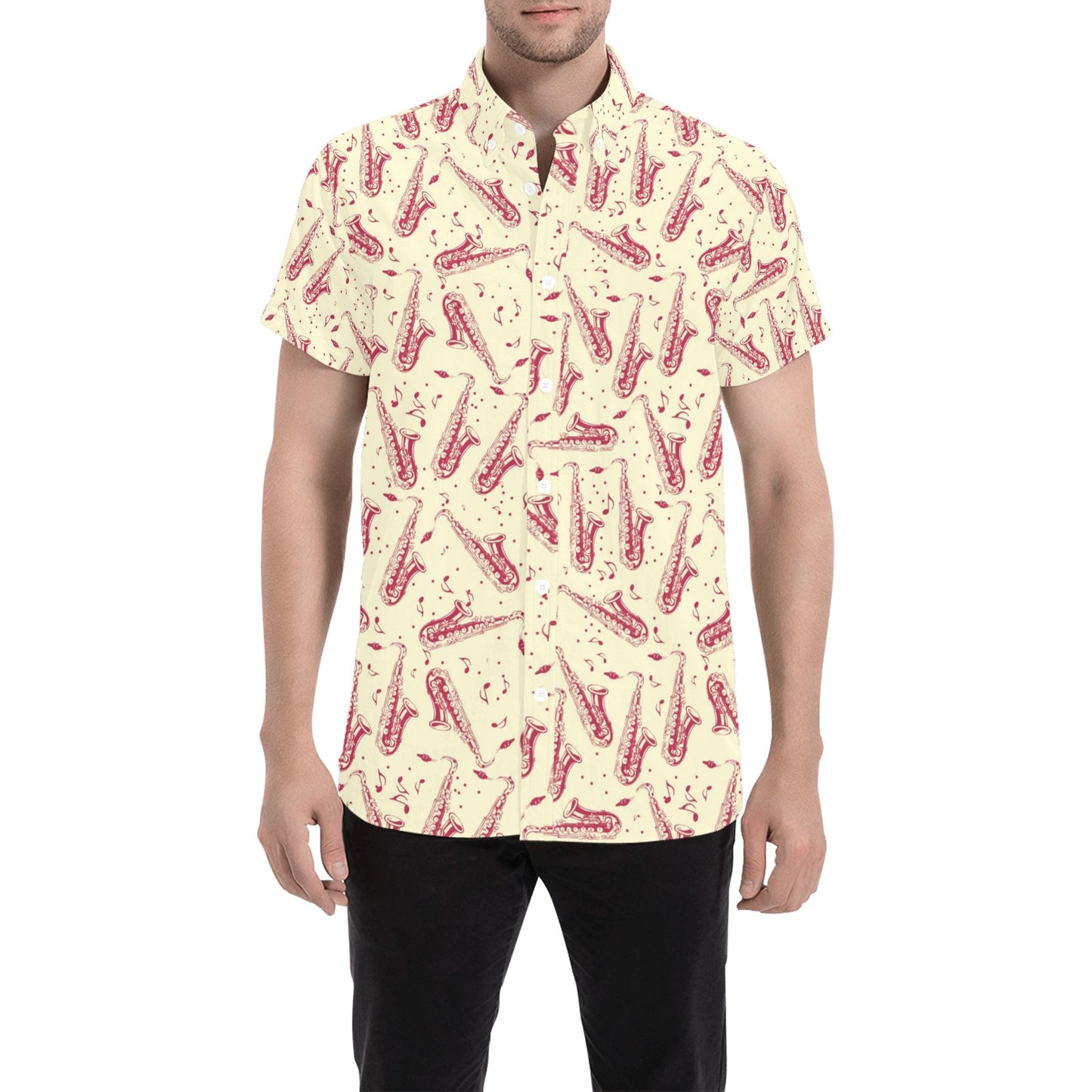 Saxophone Print Design LKS402 Men Short Sleeve Button Up Shirt