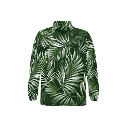 White Green Tropical Palm Leaves Long Sleeve Polo Shirt For Men's