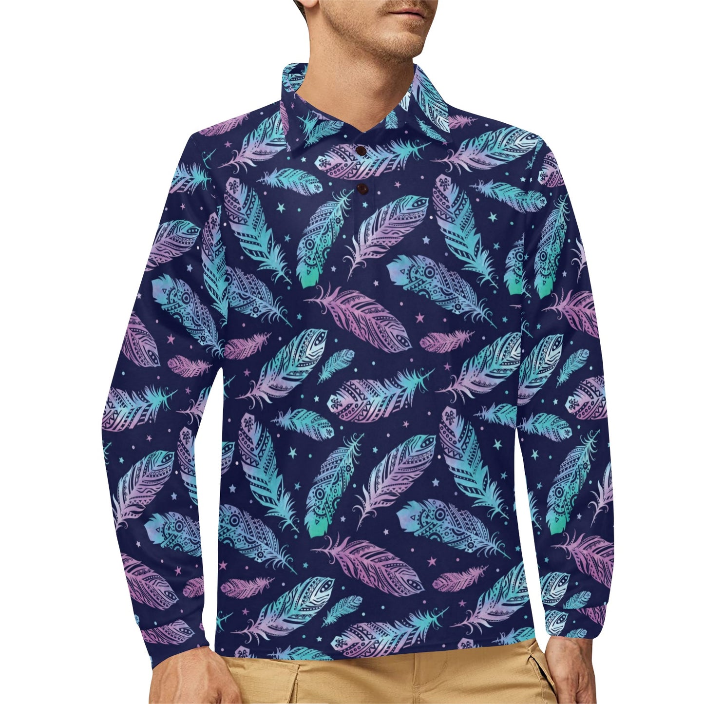 Feather Aztec Design Print Long Sleeve Polo Shirt For Men's