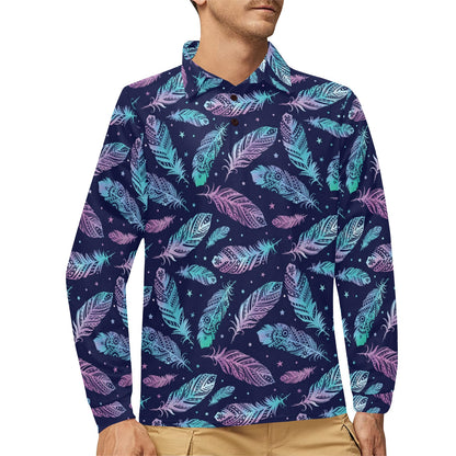 Feather Aztec Design Print Long Sleeve Polo Shirt For Men's