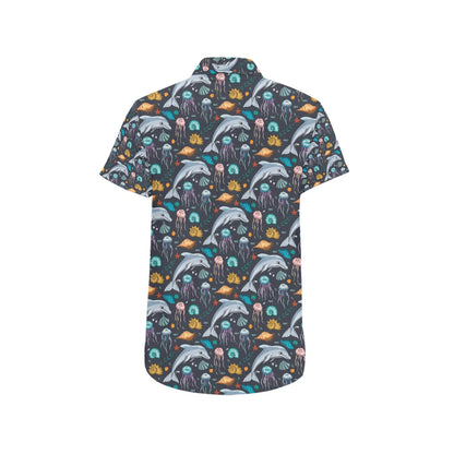Underwater Dolphin Print Design LKS304 Men Short Sleeve Button Up Shirt
