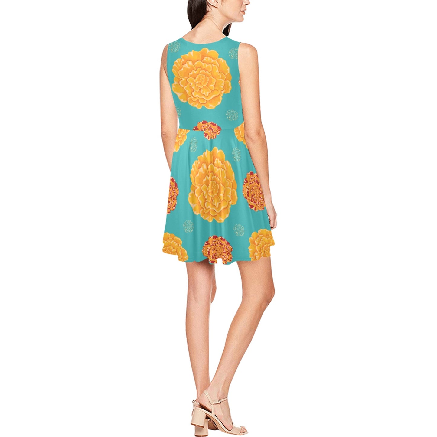 Marigold Pattern Print Design 02 Sleeveless Dress
