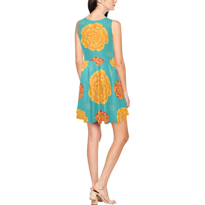 Marigold Pattern Print Design 02 Sleeveless Dress