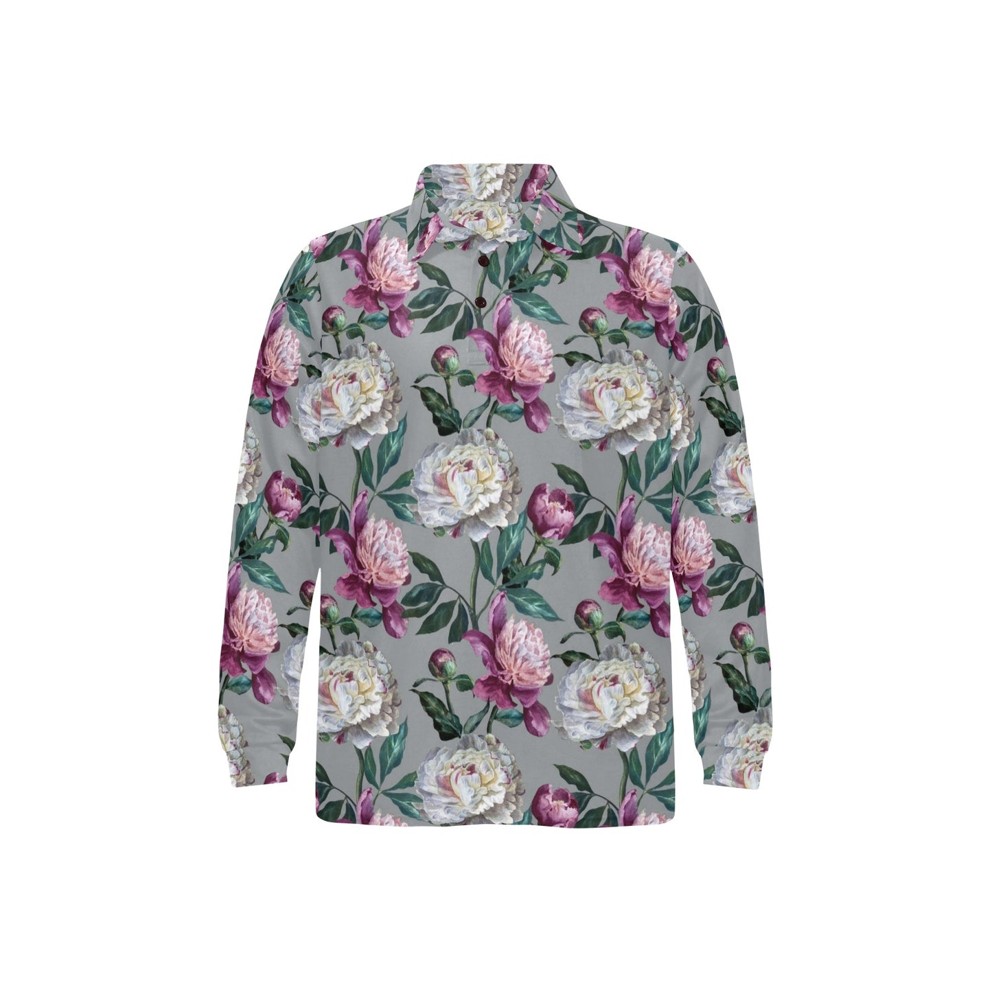 Peony Pattern Print Design PE01 Long Sleeve Polo Shirt For Men's