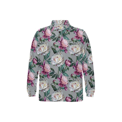 Peony Pattern Print Design PE01 Long Sleeve Polo Shirt For Men's