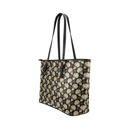Sugar Skull Flower Design Themed Print Leather Tote Bag