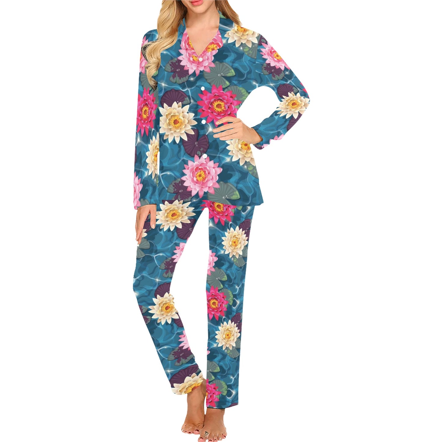 Water Lily Pattern Print Design WL05 Women's Long Pajama Set