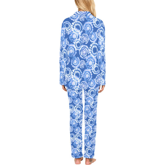 Tie Dye Blue Design Print Women's Long Pajama Set