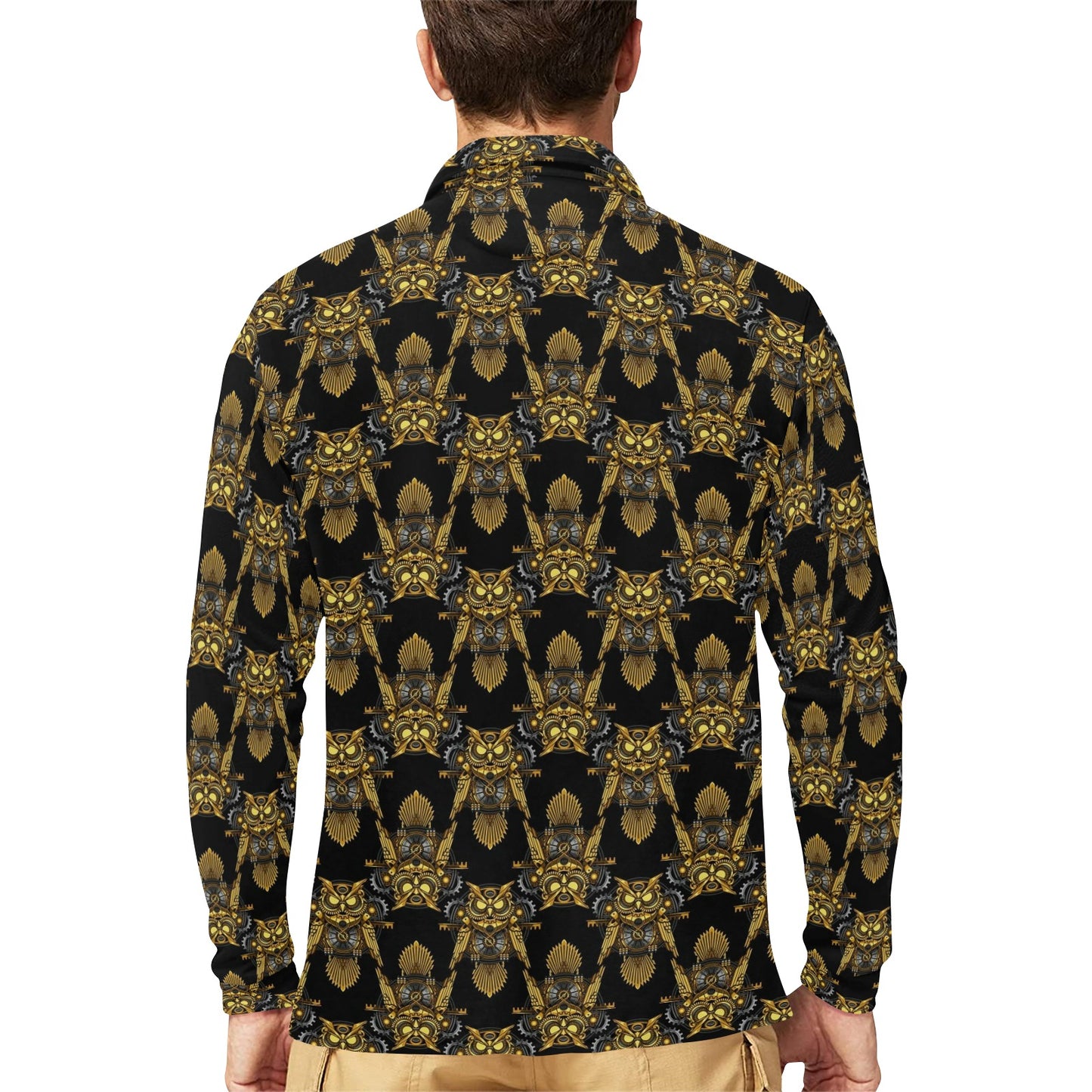 Steampunk Gold Owl Design Themed Print Long Sleeve Polo Shirt For Men's