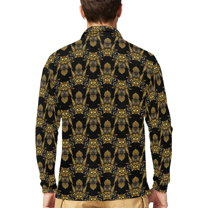Steampunk Gold Owl Design Themed Print Long Sleeve Polo Shirt For Men's