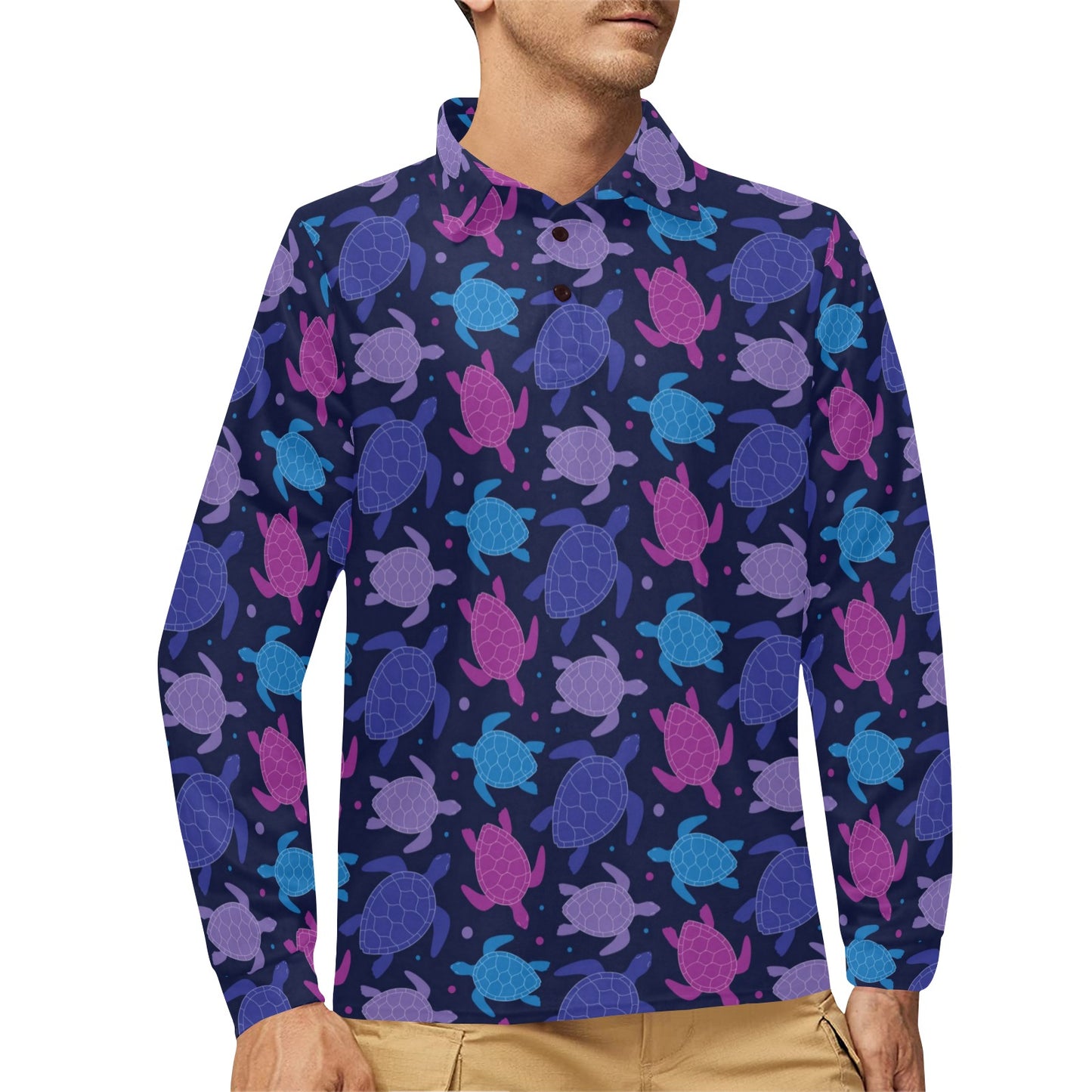 Sea Turtle Print Design LKS309 Long Sleeve Polo Shirt For Men's