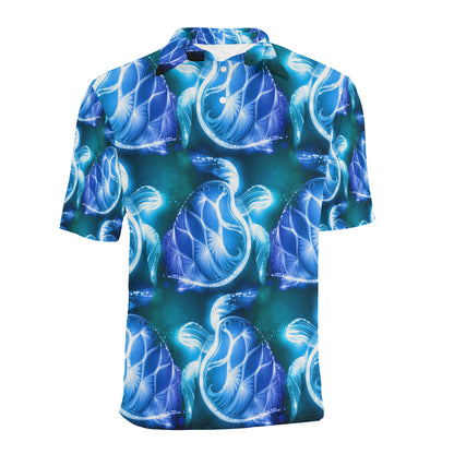 Blue Neon Sea Turtle Print Men Polo Shirt