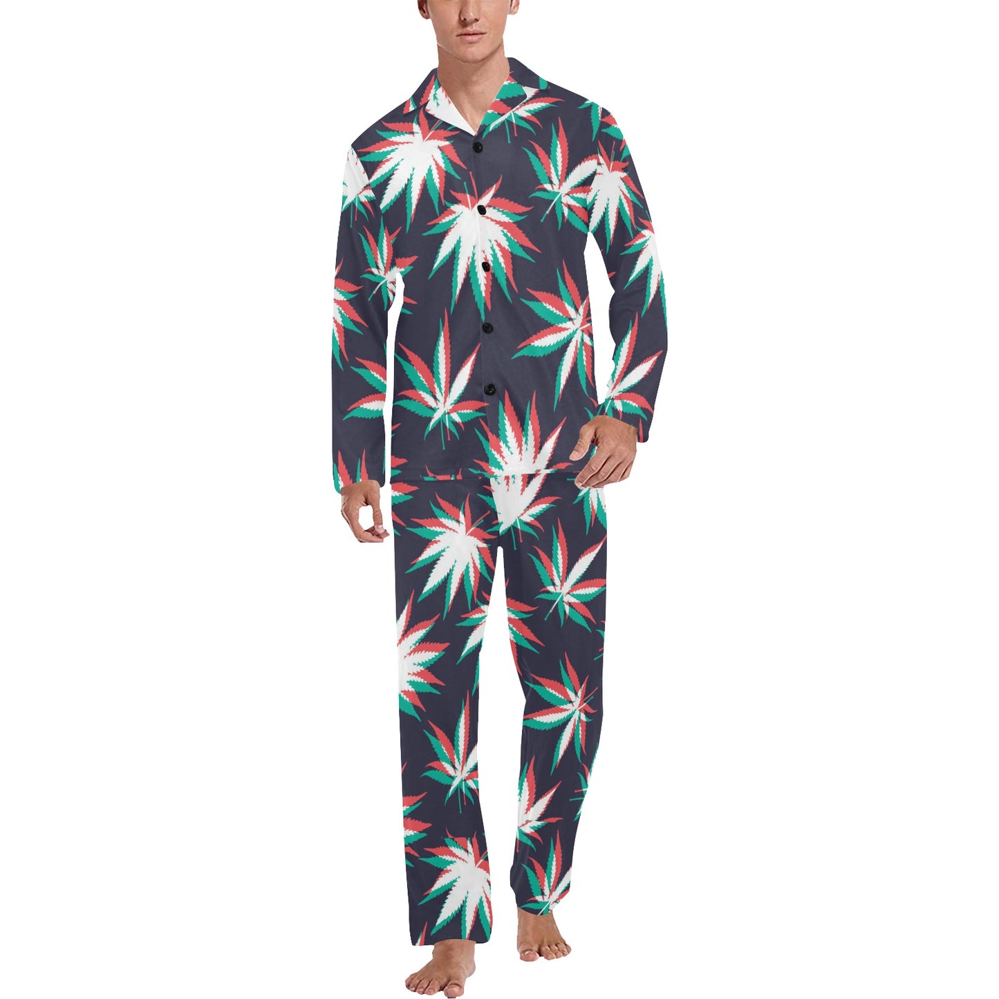 Pot Leaf Pattern Print Design A01 Men's Long Pajama Set