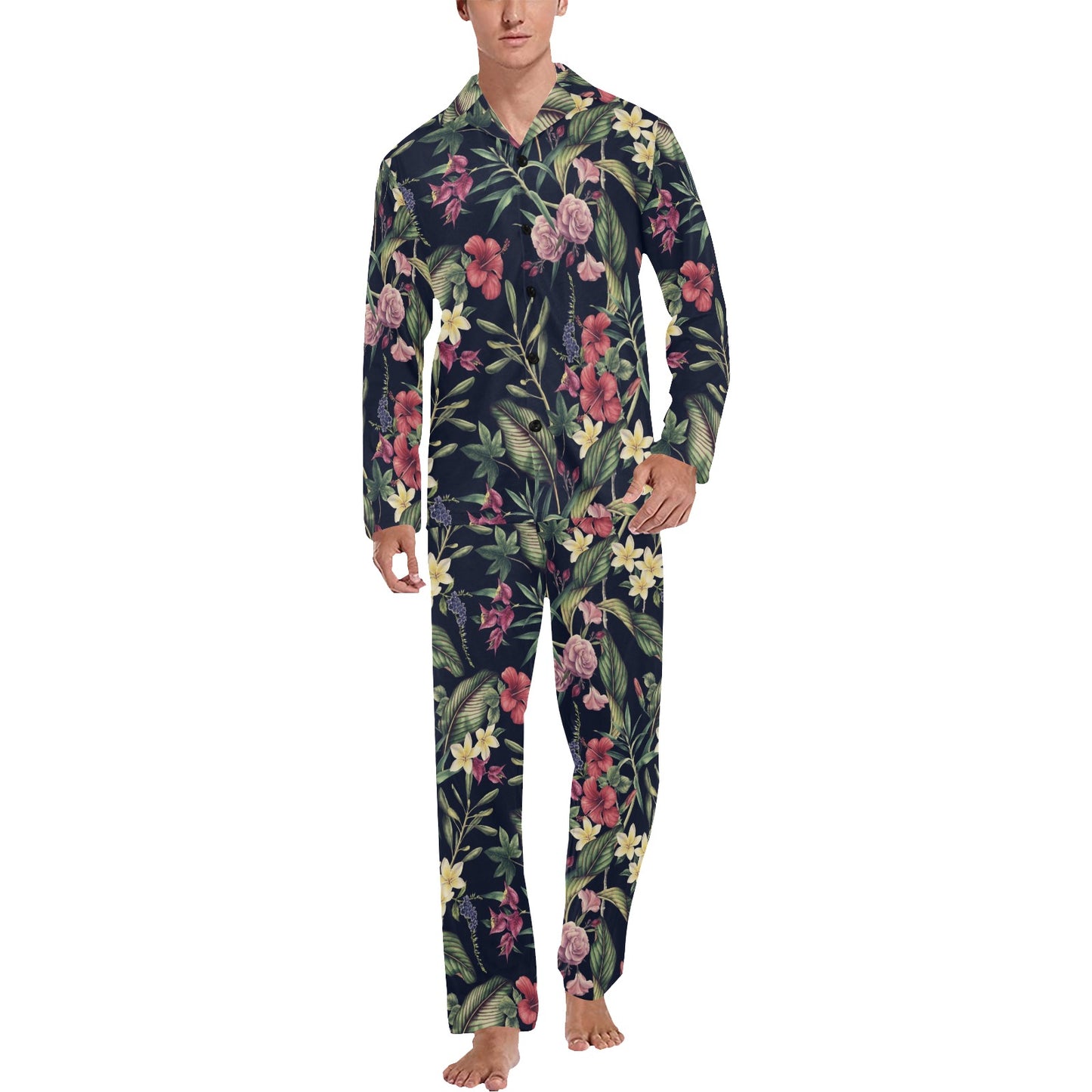 Tropical Flower Pattern Men's Long Pajama Set