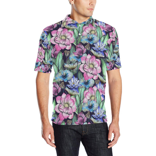 Water Lily Pattern Print Design WL07 Men Polo Shirt