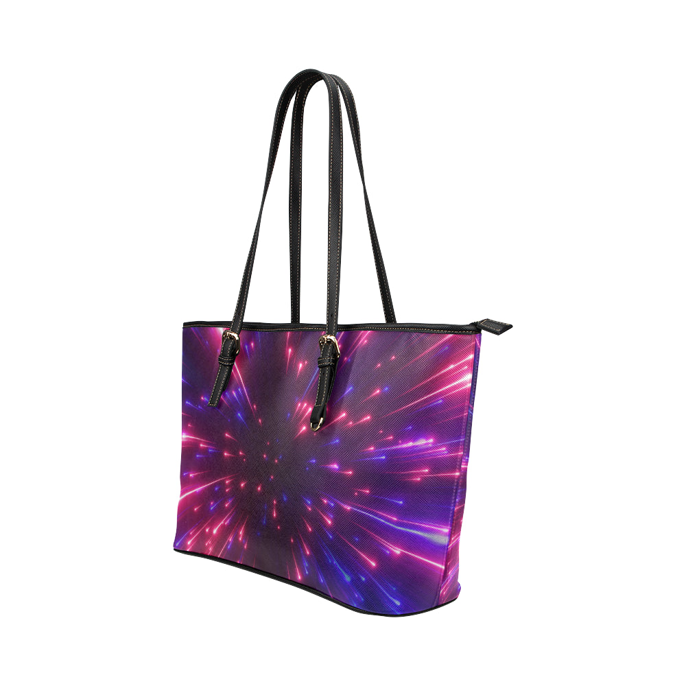 Celestial Purple Blue Neon Speed Light Leather Tote Bag