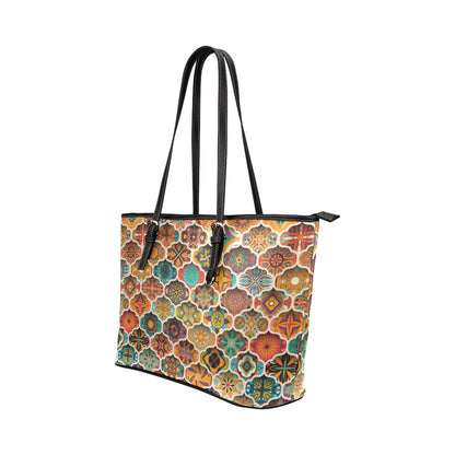 Mandala Mosaic Themed Design Print Leather Tote Bag