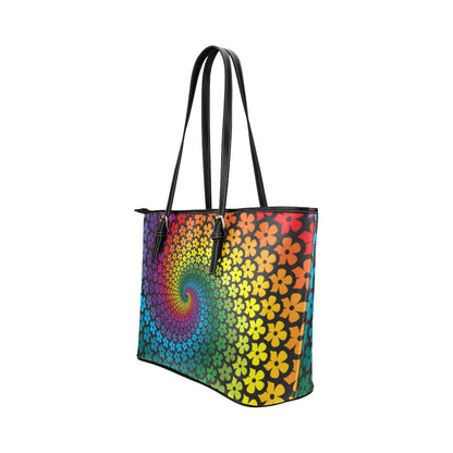 Flower Power Rainbow Spiral Print Leather Tote Bag