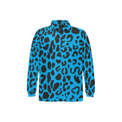 Cheetah Blue Print Pattern Long Sleeve Polo Shirt For Men's