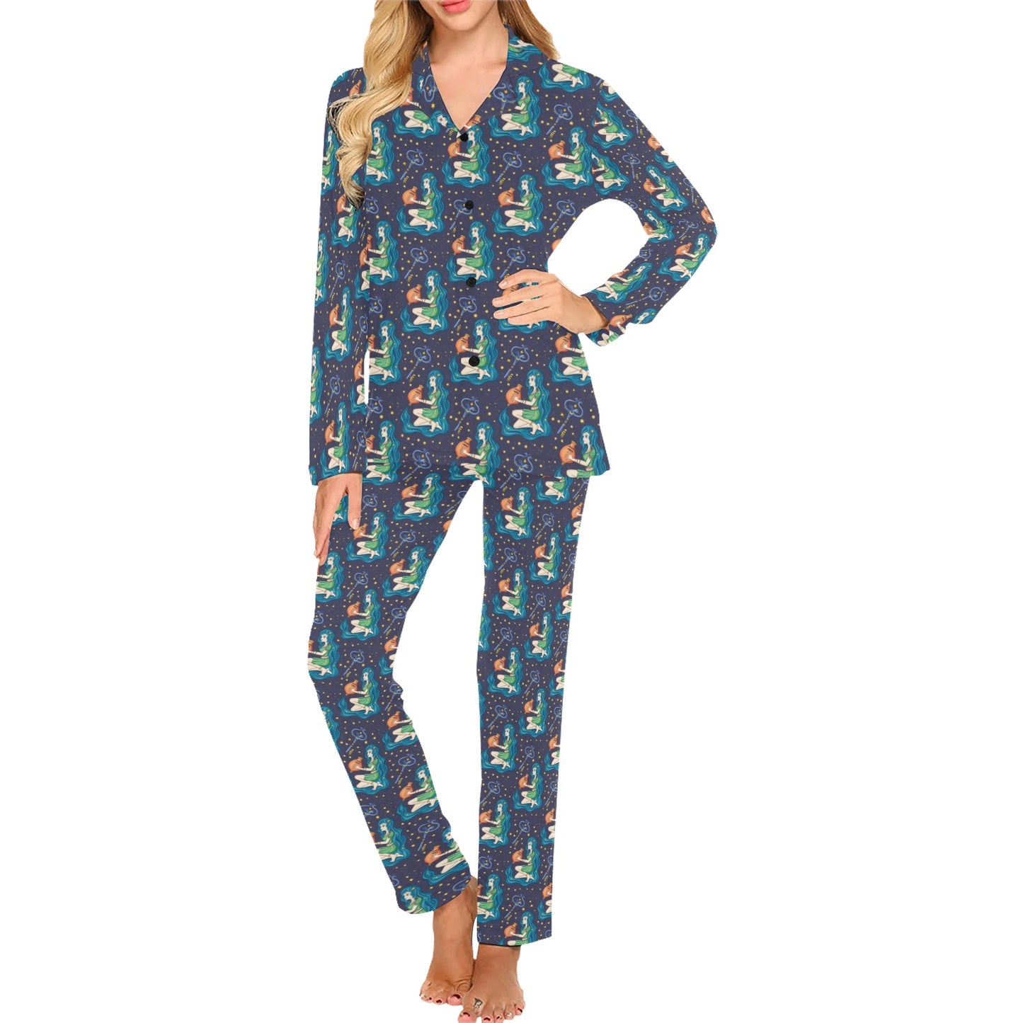 Aquarius Zodiac Pattern Print Design 03 Women's Long Pajama Set
