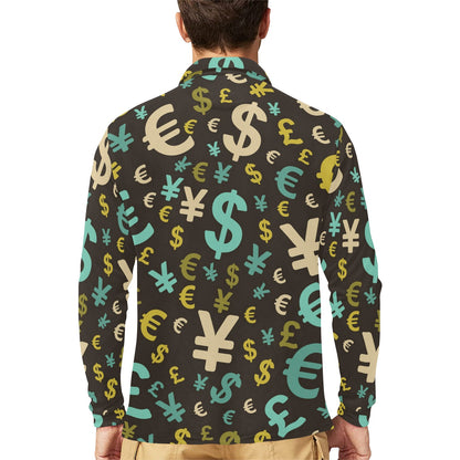Money Pattern Print Design 01 Long Sleeve Polo Shirt For Men's