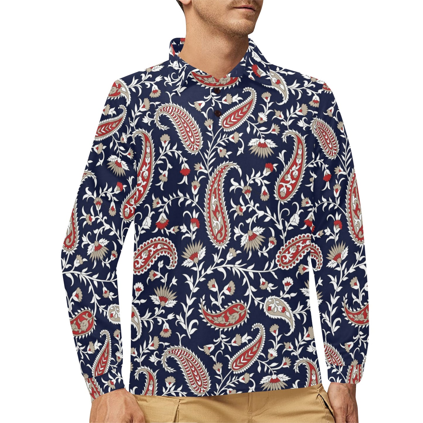 Paisley Pattern Print Design A05 Long Sleeve Polo Shirt For Men's