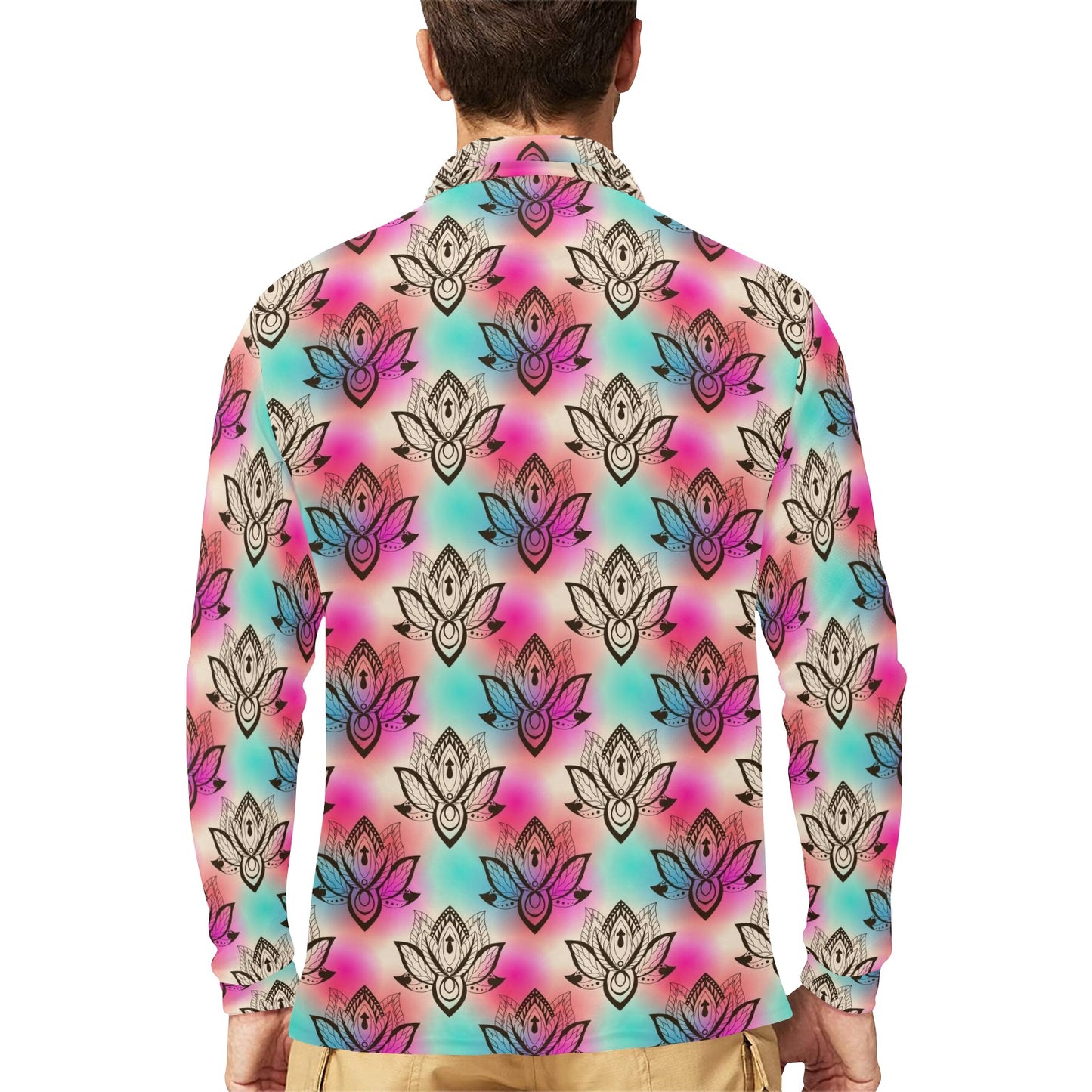 lotus Boho Pattern Print Design LO02 Long Sleeve Polo Shirt For Men's