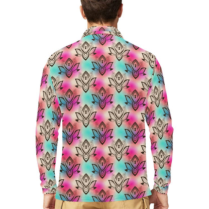 lotus Boho Pattern Print Design LO02 Long Sleeve Polo Shirt For Men's