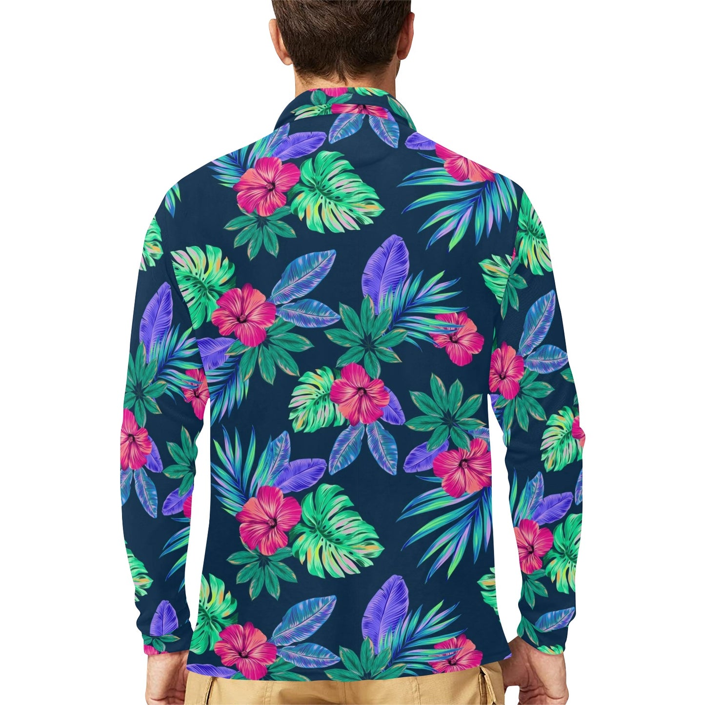 Tropical Flower Pattern Print Design TF09 Long Sleeve Polo Shirt For Men's