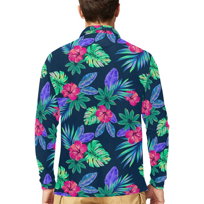 Tropical Flower Pattern Print Design TF09 Long Sleeve Polo Shirt For Men's
