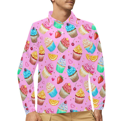 Cupcake Pattern Print Design CP05 Long Sleeve Polo Shirt For Men's