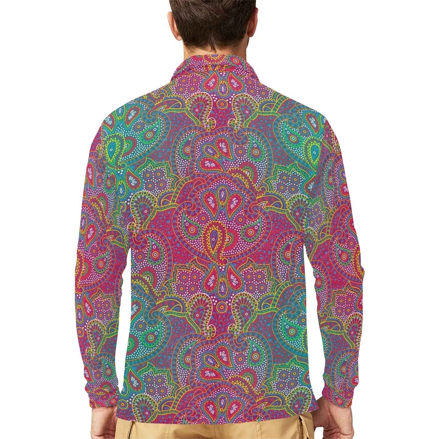 Boho Pattern Print Design 02 Long Sleeve Polo Shirt For Men's
