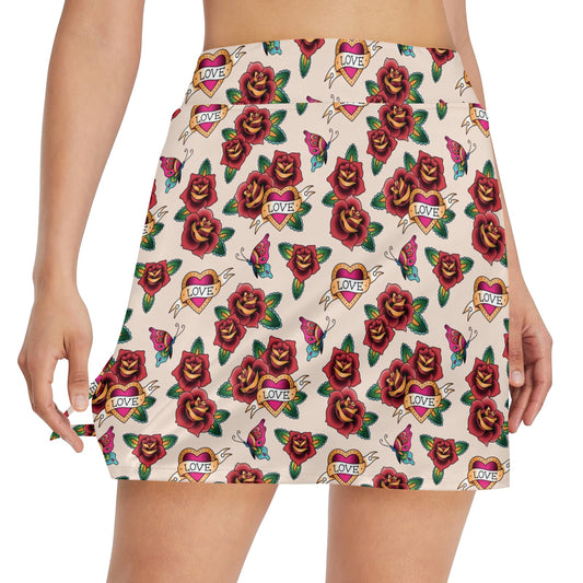 Tattoo Rose Print Design LKS302 17" Golf & Pickleball Skort with Pockets