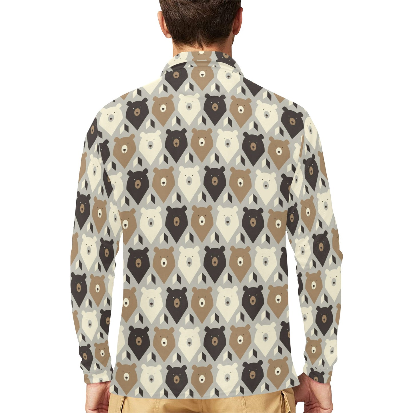 Bear Pattern Print Design 04 Long Sleeve Polo Shirt For Men's