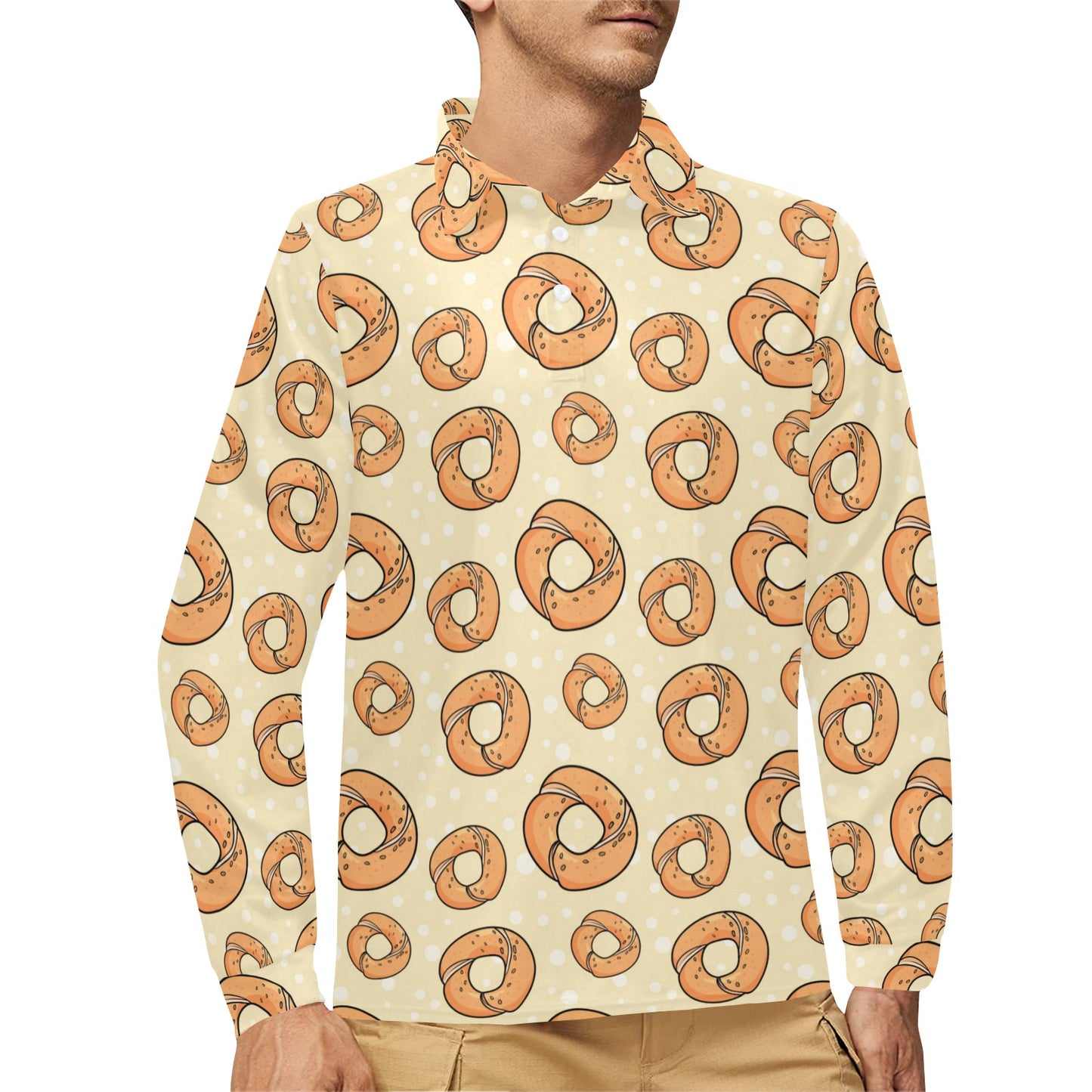 Bagel Pattern Print Design 03 Long Sleeve Polo Shirt For Men's