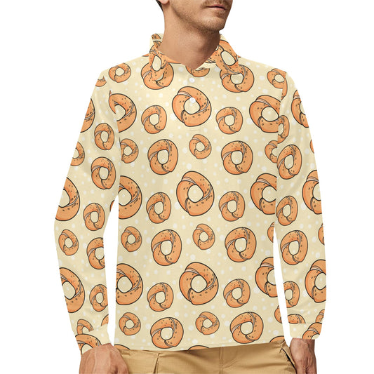 Bagel Pattern Print Design 03 Long Sleeve Polo Shirt For Men's