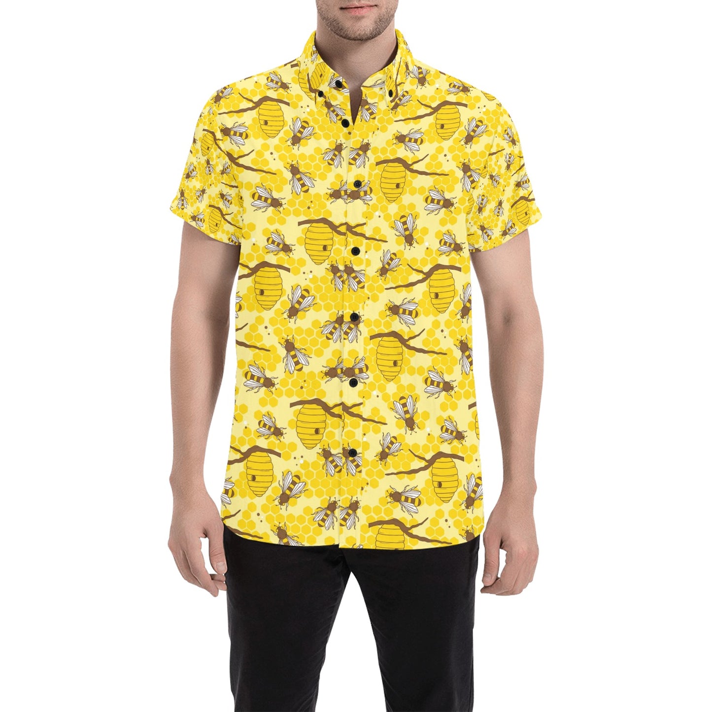 Bee With Honeycomb Print Design LKS302 Men Short Sleeve Button Up Shirt