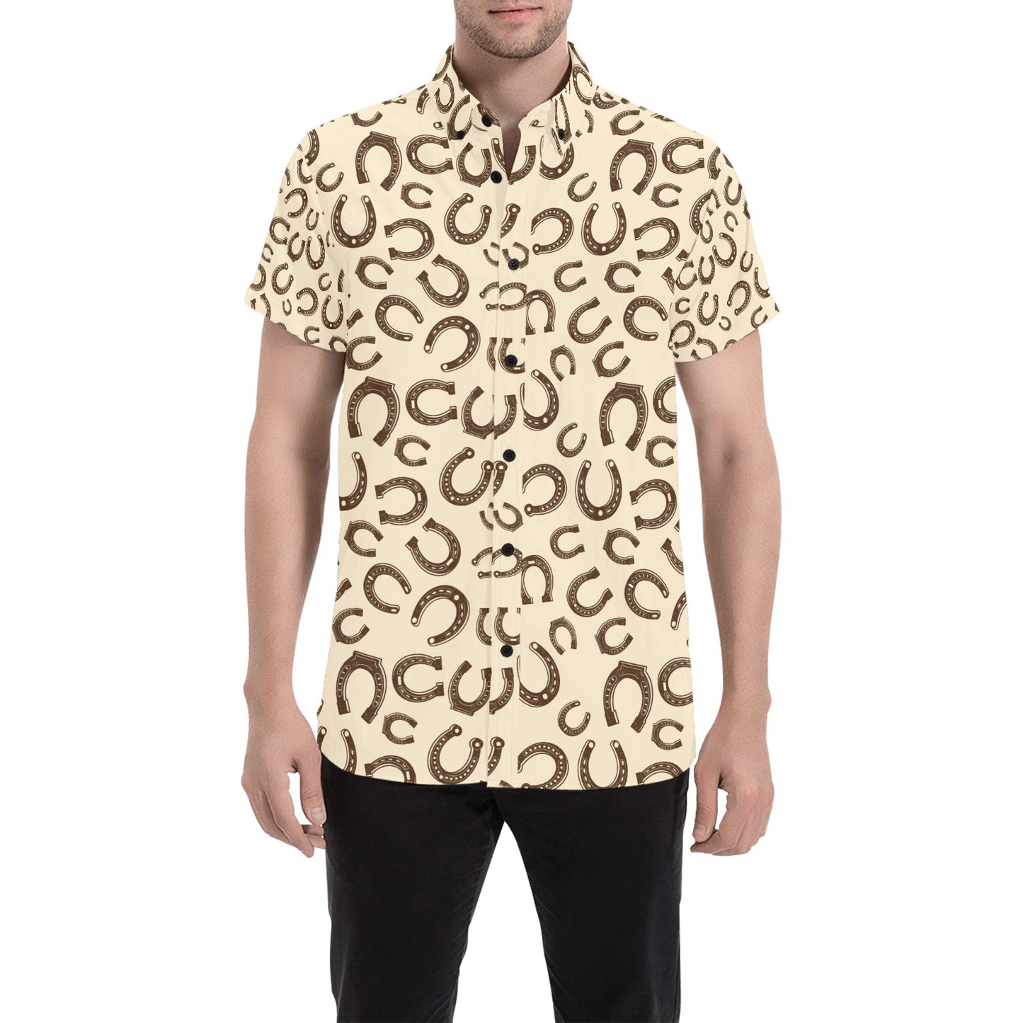 Horseshoe Print Design LKS302 Men Short Sleeve Button Up Shirt