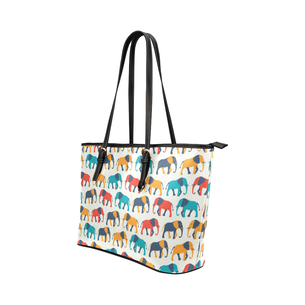 Elephant Colorful Print Pattern Leather Tote Bag
