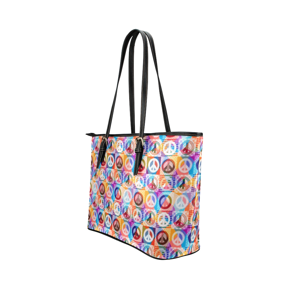 Peace Sign Patchwork Design Print Leather Tote Bag