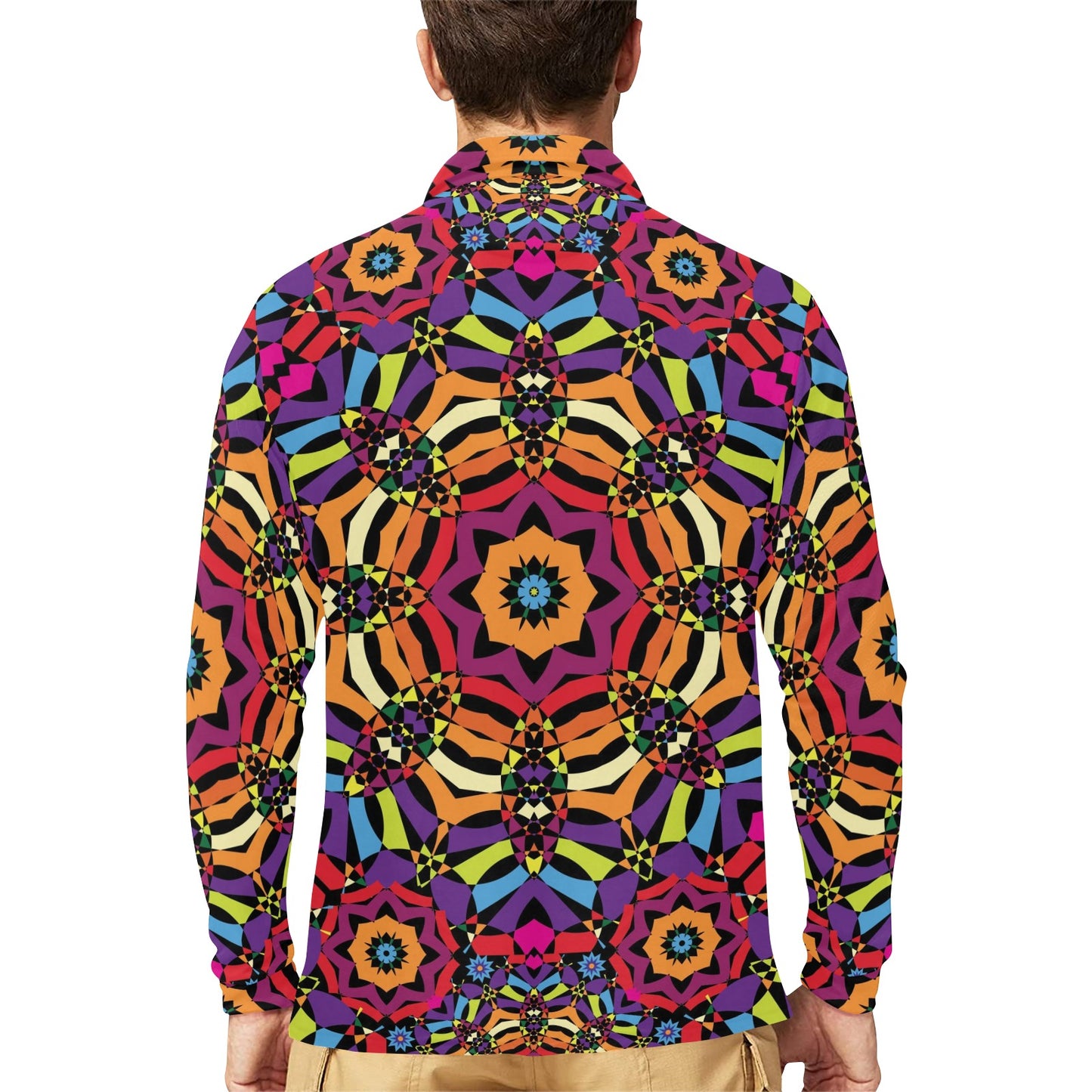 Kaleidoscope Pattern Print Design 01 Long Sleeve Polo Shirt For Men's