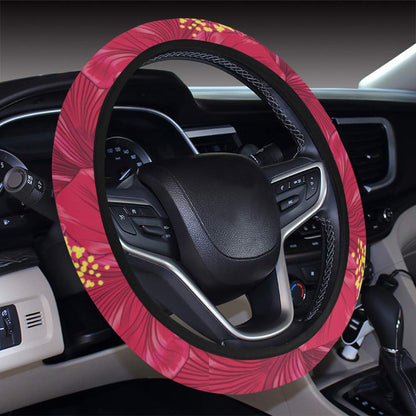 Hibiscus Red Pattern Print LKS308 Steering Wheel Cover with Elastic Edge