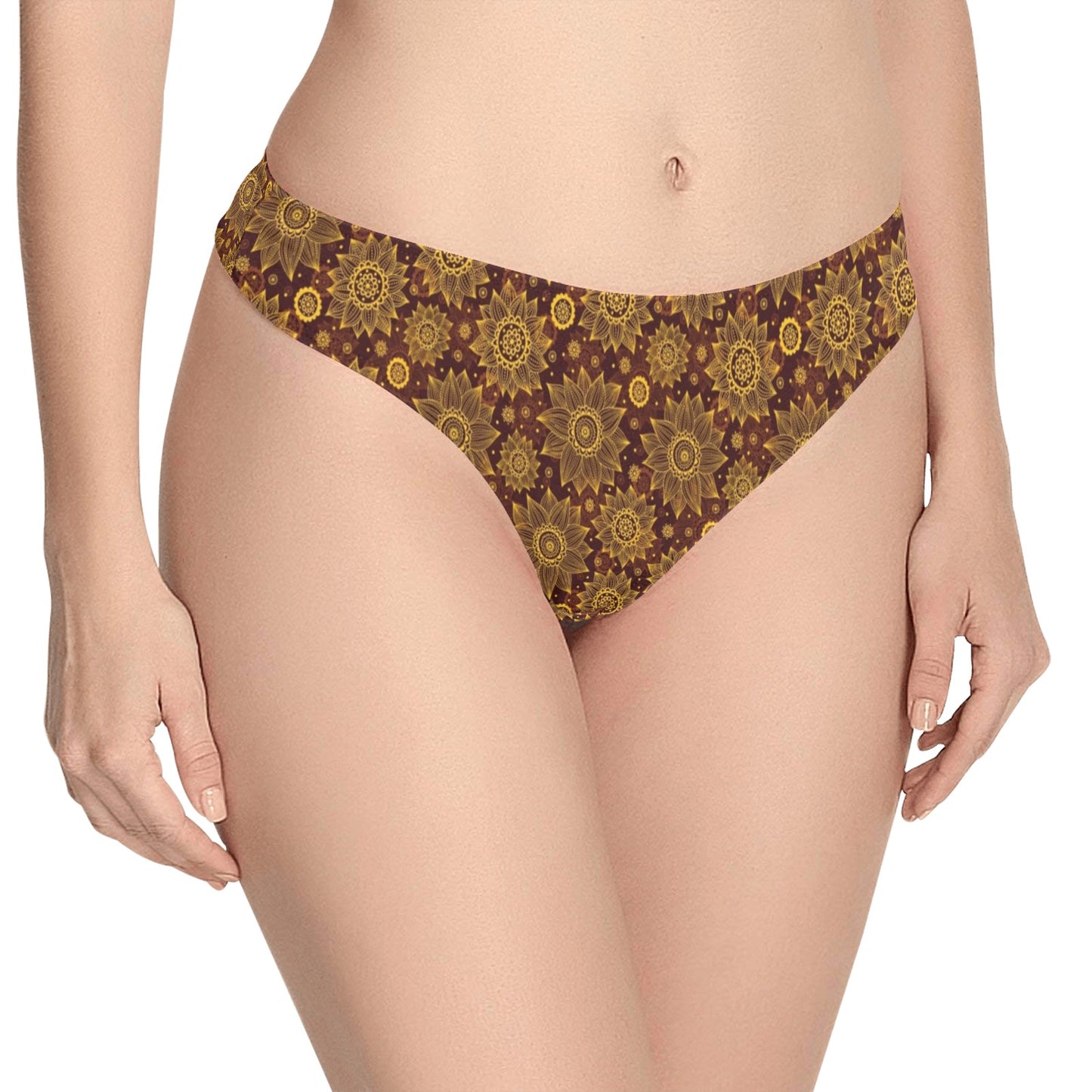 Gold Sunflower Hand Drawn Print Women's Thongs