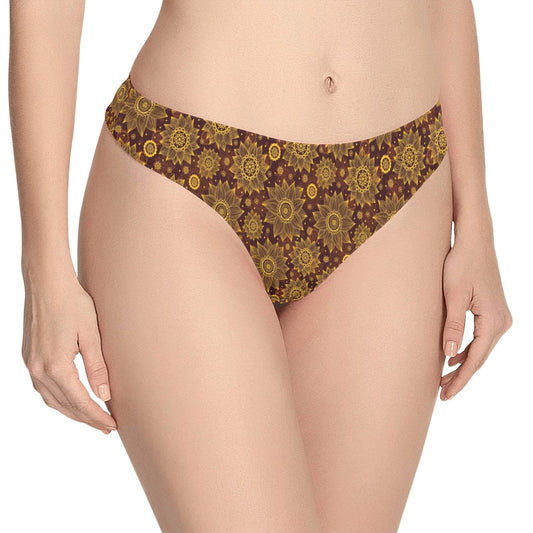 Gold Sunflower Hand Drawn Print Women's Thongs