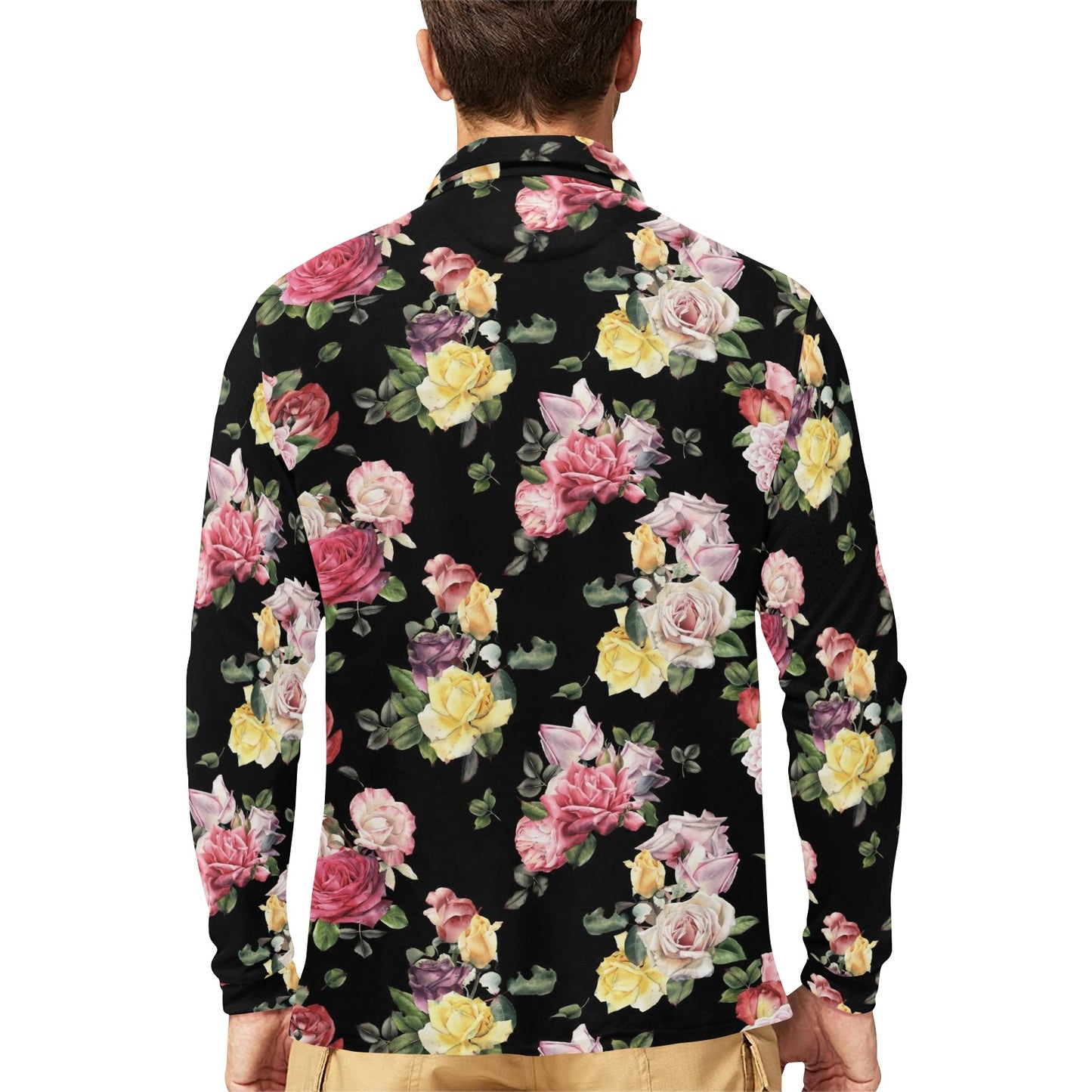 Rose Pattern Print Design RO010 Long Sleeve Polo Shirt For Men's