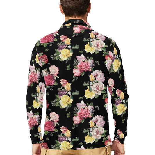 Rose Pattern Print Design RO010 Long Sleeve Polo Shirt For Men's