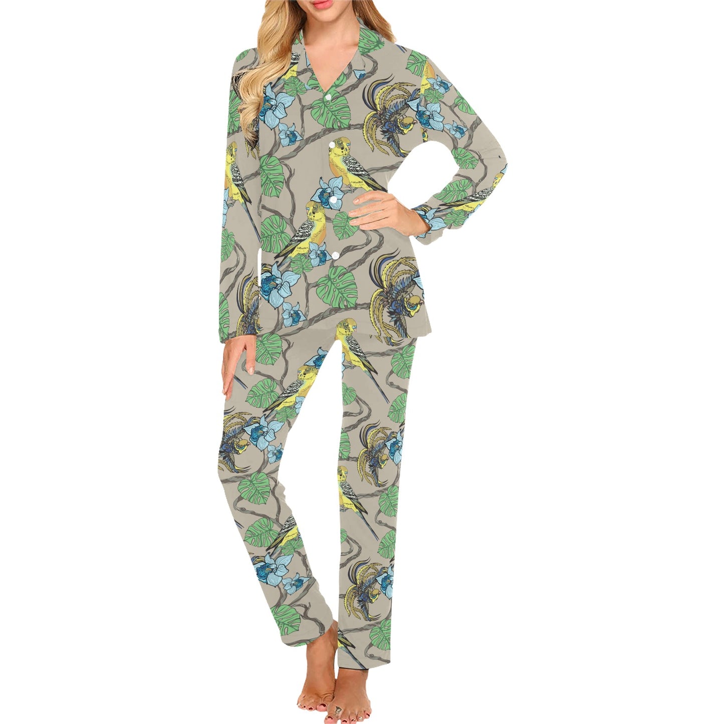 Parakeet Pattern Print Design A02 Women's Long Pajama Set