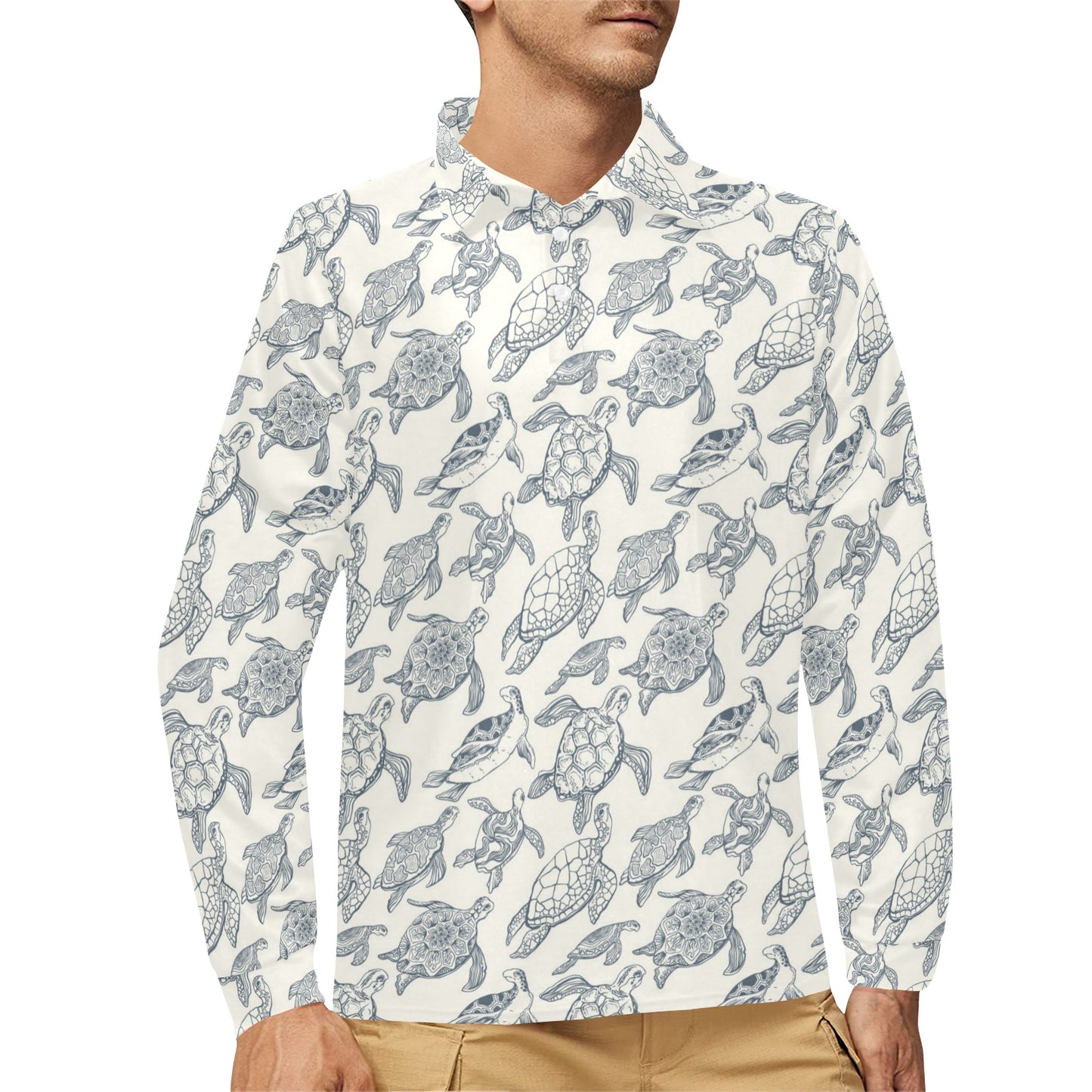 Sea Turtle Print Design LKS304 Long Sleeve Polo Shirt For Men's