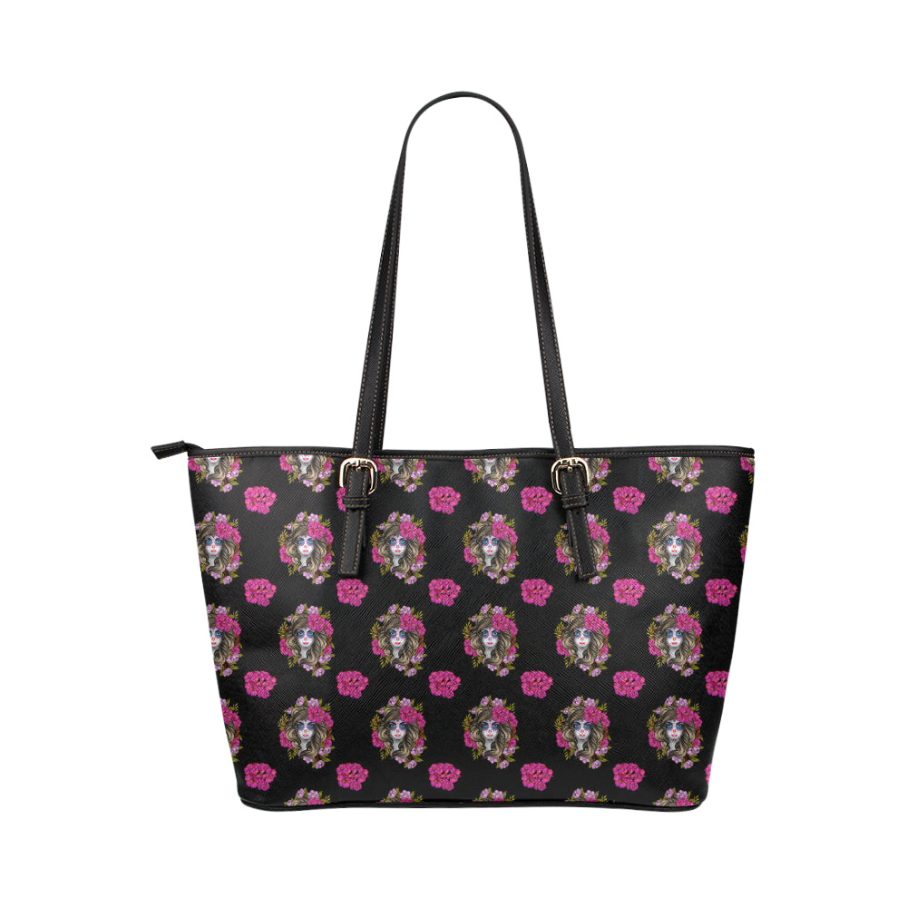 Day of the Dead Makeup Girl Leather Tote Bag